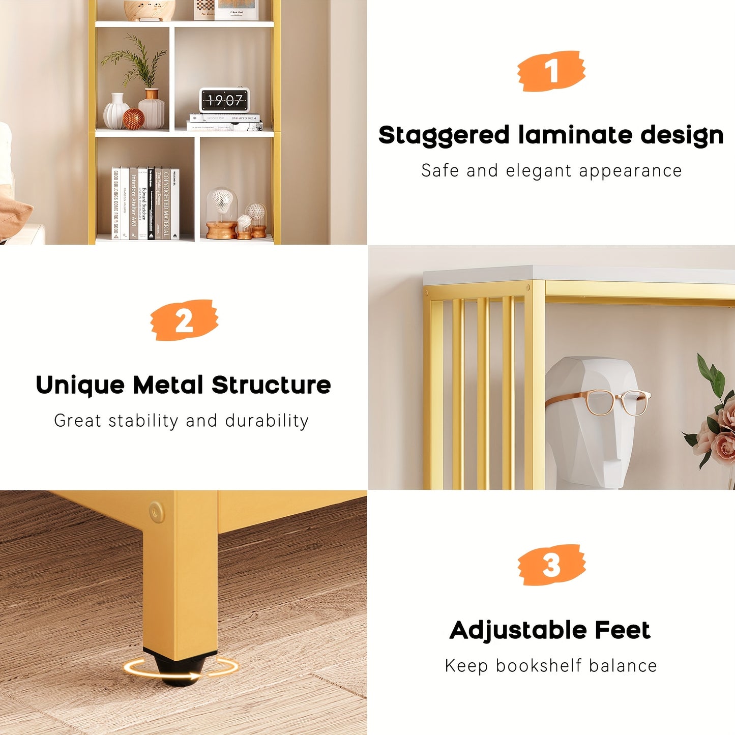 Bookshelf And Bookcase with Storage Cabinet And 2 Drawers, White And Golden Bookshelf, Standing 5 Tiers Book Shelves Display Rack with Doors for Bedroom Living Room Office, Golden