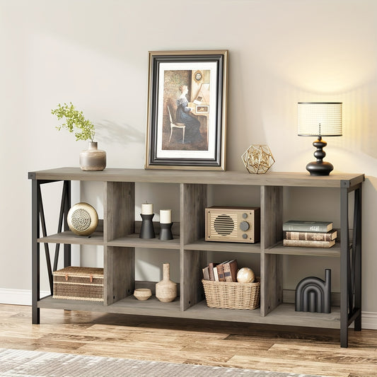 8 Cube Storage Organizer Bookshelf, 3 Tier Metal Horizontal Bookcase, 62 Inch Console Bookshelves, Industrial Storage Bookcase For Entryway, Long Low Bookshelf For Living Room-Retro Gray